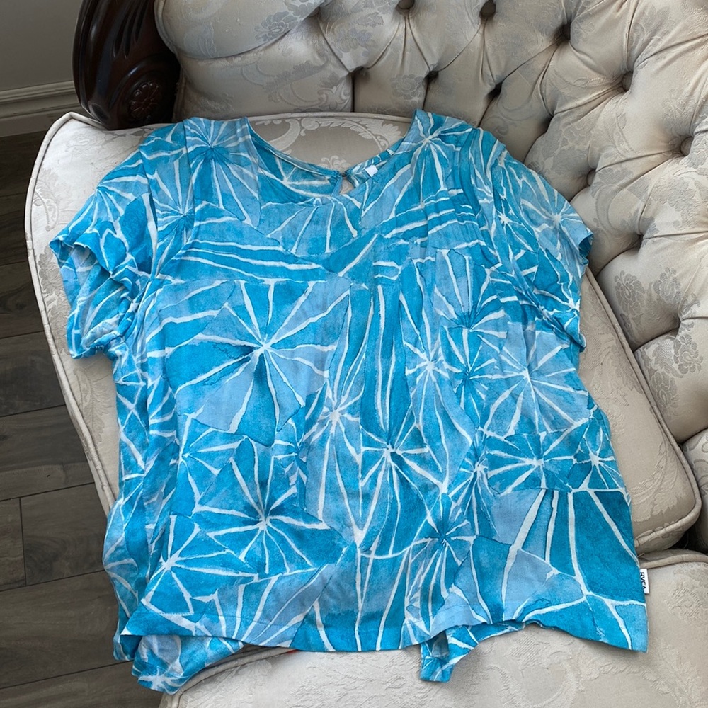 RVCA Sheer Patterned Top Blue White Tie Open Back